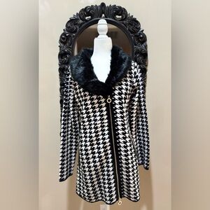 Belldini Black and White Houndstooth Coat with Faux Fur Collar